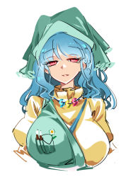 Rule 34 | 1girl, apron, blue hair, breasts, brush, dress, flower, green apron, green headwear, green scarf, hair between eyes, haniyasushin keiki, head scarf, large breasts, leaf, looking at viewer, medium hair, open mouth, pocket, puffy short sleeves, puffy sleeves, raptor7, red eyes, scarf, short sleeves, simple background, smile, solo, tools, touhou, upper body, white background, white flower, yellow dress