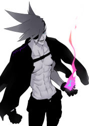Rule 34 | 1boy, abs, black gloves, black pants, blue eyes, eyepatch, fire, galo thymos, gloves, greyscale, male focus, mohawk, monochrome, open clothes, open mouth, open shirt, pants, pectorals, pink fire, promare, shaded face, signature, simple background, smile, solo, spiked hair, spot color, toned, toned male, white background, yon prmr