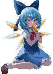 Rule 34 | 1girl, blue bow, blue eyes, blue hair, blush, bow, bowtie, brown footwear, cirno, commentary, detached wings, full body, hair bow, highres, holding food, holding popsicle, ice, ice wings, looking at viewer, mikan (manmarumikan), popsicle, red bow, red bowtie, short hair, short sleeves, simple background, sitting, socks, solo, sweat, touhou, white background, white socks, wings