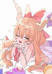 Rule 34 | 1girl, artist logo, artist name, blush, bow, breasts, brown horns, chain, fang, hair bow, horn ornament, horn ribbon, horns, ibuki suika, long hair, one eye closed, open mouth, orange hair, purple ribbon, red bow, ribbon, shirt, simple background, skin fang, small breasts, smile, solo, torn clothes, torn sleeves, touhou, white background, white shirt, yellow eyes, yubayuki