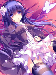Rule 34 | 1girl, :o, bad id, bad pixiv id, blue hair, bug, butterfly, dress, flower, flower on head, garter straps, hair flower, hair ornament, hairband, highres, insect, lolita fashion, lolita hairband, lying, original, ringonotane, rose, striped clothes, striped thighhighs, thighhighs