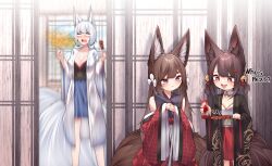 Rule 34 | + +, 3girls, absurdres, akagi-chan (azur lane), amagi-chan (azur lane), animal ears, azur lane, bare shoulders, bell, black kimono, blue eyes, blue skirt, breasts, brown hair, cleavage, eating, excited, eyeshadow, facing viewer, food, fox ears, fox girl, fox tail, hair bell, hair between eyes, hair ornament, hair over one eye, hairclip, hands up, highres, holding, holding food, indoors, japanese clothes, kaga (azur lane), kimono, kitsune, large breasts, long hair, looking at food, looking down, makeup, medium breasts, medium hair, multiple girls, multiple tails, off shoulder, own hands together, prank, print kimono, red eyeshadow, red kimono, red skirt, samip, screaming, skirt, slit pupils, small breasts, spicy, surprised, tail, twintails, very long hair, white hair, white kimono