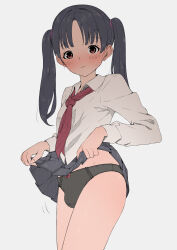 Rule 34 | 1boy, absurdres, akaihoppe, black hair, black panties, blush, bulge, closed mouth, clothes lift, collared shirt, commentary request, crossdressing, ear blush, grey background, highres, lifting own clothes, looking at viewer, neckerchief, original, panties, pleated skirt, red neckerchief, shirt, simple background, skirt, skirt lift, solo, sweatdrop, trap, twintails, underwear, white shirt