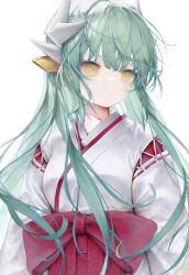Rule 34 | 1girl, breasts, dmith, dragon girl, dragon horns, fate/grand order, fate (series), green hair, hakama, highres, horns, japanese clothes, kimono, kiyohime (fate), long hair, long sleeves, looking to the side, medium breasts, miko, multiple horns, red hakama, ribbon-trimmed sleeves, ribbon trim, solo, white kimono, wide sleeves, yellow eyes