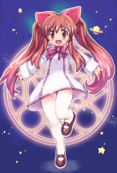 Rule 34 | 1girl, :d, aloe, aloe (quiz magic academy), blush, bow, bowtie, brown hair, hair bow, legs, long hair, magic circle, mary janes, open mouth, outstretched arms, quiz magic academy, saturn (planet), shoes, smile, solo, spread arms, standing, standing on one leg, star (symbol), thigh gap, thighhighs, twintails, yu 3