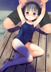 Rule 34 | 1boy, 1girl, age difference, armpits, bare legs, barefoot, black hair, blue one-piece swimsuit, blush, child, competition school swimsuit, head out of frame, imminent rape, looking at viewer, one-piece swimsuit, open mouth, original, purple eyes, restrained, school swimsuit, sekiya asami, shorts, squatting, swimsuit, twintails