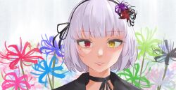 Rule 34 | 1girl, assault lily, black choker, black flower, black hairband, black ribbon, black shirt, blue flower, blunt bangs, bow hairband, choker, commentary, floral background, flower, gradient background, green flower, grey background, grey flower, grey hair, hair flower, hair ornament, hair ribbon, hairband, heterochromia, highres, looking at viewer, mole, mole under eye, natsumiya kuina, neck ribbon, parted lips, pink flower, portrait, purple flower, red eyes, red flower, ribbon, ribbon choker, shirt, short hair, solo, yamaguchi chihiro (assault lily), yellow eyes