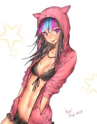 Rule 34 | 1girl, alternate costume, artist name, bikini, bikini skirt, black bikini, black hair, blue hair, breasts, cleavage, commentary request, danganronpa (series), danganronpa 2: goodbye despair, dated, hands in pockets, highres, hood, hood up, hoodie, jewelry, long hair, looking at viewer, mioda 69ch, mioda ibuki, multicolored hair, navel, necklace, open clothes, open hoodie, piercing, pink eyes, pink hair, red hoodie, simple background, sleeves rolled up, small breasts, solo, star (symbol), swimsuit, tongue, tongue out