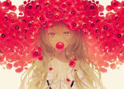 Rule 34 | 1girl, absurdres, bad id, bad twitter id, blouse, brown eyes, collarbone, commentary request, covered mouth, eyelashes, flower, hair between eyes, highres, light brown hair, long hair, looking at viewer, original, red flower, satsuki (miicat), shirt, simple background, solo, upper body, white shirt