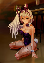 Rule 34 | 1girl, absurdres, alternate costume, animal ears, bare arms, bare shoulders, blurry, blurry background, blush, bow, bowtie, braid, breasts, c.rabbit, chair, cleavage, collarbone, commentary, covered navel, detached collar, fake animal ears, fake tail, feathered wings, fishnet pantyhose, fishnets, french braid, hair between eyes, hairband, highres, indoors, kishin sagume, large breasts, leotard, lips, looking at viewer, no shoes, pantyhose, playboy bunny, purple bow, purple bowtie, purple hairband, rabbit ears, rabbit tail, red eyes, reflection, seiza, shiny clothes, shiny skin, short hair, silver hair, single wing, sitting, smile, solo, tail, torn clothes, torn pantyhose, touhou, white wings, wing collar, wings