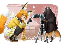 Rule 34 | 1girl, animal, animal ears, black gloves, black pantyhose, blouse, blush, braid, camera, clothed animal, doitsuken, fang, fox, fox ears, fox tail, gloves, head rest, heart, highres, long sleeves, looking at another, open mouth, orange hair, original, outdoors, pantyhose, pleated skirt, pointing, scarf, shirt, skirt, slit pupils, squatting, tail, white scarf, white skirt, yellow eyes, yellow shirt