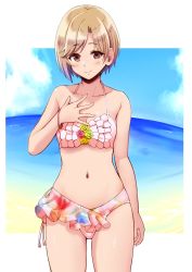 Rule 34 | 1girl, aiba yumi, arm at side, beach, bikini, blonde hair, blue sky, blush, bracelet, breasts, brown eyes, closed mouth, cloud, collarbone, commentary request, cowboy shot, day, frilled bikini, frills, halterneck, halterneck, hand on own chest, hand up, highres, hogey nk-2000, idolmaster, idolmaster cinderella girls, idolmaster cinderella girls starlight stage, jewelry, looking at viewer, medium breasts, navel, ocean, outside border, pink bikini, sand, short hair, sky, smile, solo, standing, stomach, swimsuit, water