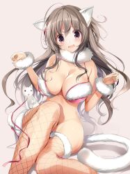 Rule 34 | 1girl, animal ears, blush, bra, breasts, brown hair, cat, cat day, cat ears, cat tail, cleavage, d:, fishnet thighhighs, fishnets, fur-trimmed bra, fur-trimmed legwear, fur trim, highres, karory, large breasts, long hair, no panties, open mouth, original, pink bra, purple eyes, ribbon, simple background, solo, tail, thighhighs, underwear, very long hair, wavy hair