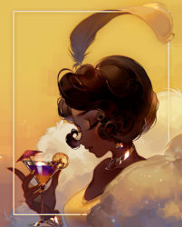 Rule 34 | black hair, choker, closed eyes, cocktail glass, cocktail umbrella, cup, dark-skinned female, dark skin, disney, dress, drinking glass, english text, feather hair ornament, feathers, fingernails, food, from side, fruit, hair ornament, holding, holding cup, kawacy, lemon, lemon slice, long fingernails, short hair, solo, the princess and the frog, tiana (the princess and the frog), upper body, yellow background, yellow dress