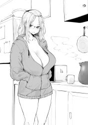 Rule 34 | 1girl, bangs pinned back, bowl, breasts, cabinet, cleavage, closed mouth, coffee, cowboy shot, cup, feet out of frame, folded hair, glasses, greyscale, hair pulled back, hands in pocket, hands in pockets, highres, hood, hood down, hoodie, indoors, inne sulistya robin, kitchen, large breasts, long hair, looking at viewer, microwave, monochrome, norman maggot, original, paper, pot, refrigerator, sidelocks, solo, standing, thighs, unzipped
