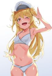 1girl bikini blonde_hair breasts character_request collarbone copyright_request cowboy_shot hat looking_at_viewer navel open_mouth peaked_cap pooor salute simple_background small_breasts smile solo swimsuit two_side_up waving white_background white_bikini white_hat yellow_eyes