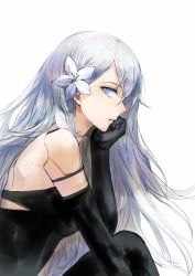 Rule 34 | 1girl, android, armlet, black gloves, black tank top, black thighhighs, blue eyes, elbow gloves, flower, gloves, hair flower, hair ornament, joints, long hair, looking at viewer, looking to the side, lunar tear, nier (series), nier:automata, robot joints, shaokao range, solo, tank top, thighhighs, white background, white hair, a2 (nier:automata)