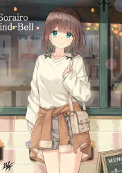 Rule 34 | 1girl, bag, blush, breasts, brick wall, brown hair, building, closed mouth, clothes around waist, commentary request, green eyes, grey shirt, grey shorts, highres, long hair, long sleeves, looking at viewer, menu board, miko fly, original, outdoors, shirt, short shorts, shorts, shoulder bag, signature, sleeves past wrists, small breasts, smile, solo, standing, window