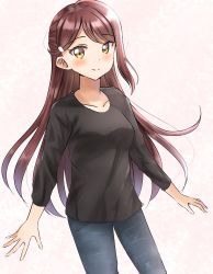 Rule 34 | 1girl, black shirt, blue pants, blush, breasts, brown eyes, brown hair, closed mouth, collarbone, commentary request, denim, hair ornament, hairclip, highres, jeans, long hair, long sleeves, looking at viewer, love live!, love live! sunshine!!, pants, sakurauchi riko, shirt, sin (sin52y), small breasts, smile, solo, swept bangs, very long hair