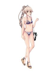 Rule 34 | 1girl, bag, bikini, blue ray, breasts, brown eyes, chinese commentary, collarbone, commentary request, full body, grey bikini, hair flaps, hair ribbon, highres, kantai collection, long hair, nail polish, navel, pink hair, ponytail, ribbon, simple background, small breasts, smile, solo, swimsuit, toeless footwear, toenail polish, toenails, transparent background, very long hair, wedge heels, white background, yura (kancolle)