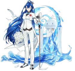 Rule 34 | 1girl, ahoge, ark order, bird, black shirt, blue eyes, blue gemstone, blue hair, bouquet, cane, crown, dress shoes, feathers, flower, formal, gem, groom, holding, holding bouquet, huge ahoge, jacket, lily (flower), looking at viewer, mini crown, official art, pants, pinstripe pattern, pinstripe shirt, poseidon (ark order), red flower, seagull, shirt, solo, striped, suit, tachi-e, transparent background, water, white flower, white jacket, white pants, white suit