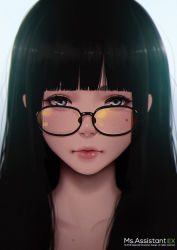 Rule 34 | 1girl, black-framed eyewear, black hair, blue eyes, blunt bangs, close-up, closed mouth, glasses, lips, long hair, looking at viewer, magion02, mole, mole under eye, ms.assistant, portrait, solo, watermark, white background