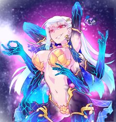 Rule 34 | 2girls, armlet, armor, armpits, arms behind head, arms up, bikini armor, blue eyes, blush, breasts, chibi, cleavage, collar, earrings, extra arms, fate/extra, fate/extra ccc, fate/grand order, fate (series), flower, grin, hair ribbon, highres, jewelry, kama (fate), kama (third ascension) (fate), large breasts, long hair, looking at viewer, lotus, meltryllis (fate), metal collar, multiple girls, navel, pink ribbon, prosthesis, prosthetic leg, purple hair, red eyes, ribbon, silver hair, sky, smile, star (sky), starry sky, tenk, thighlet, thighs