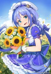 Rule 34 | 1girl, blue bow, blue eyes, blue hair, blush, bow, company name, day, flower, gloves, hair bow, holding, holding flower, long hair, looking at viewer, nagu, nijisanji, open mouth, outdoors, smile, solo, sunflower, twintails, very long hair, virtual youtuber, white gloves, yuuki chihiro, yuuki chihiro (8th costume)