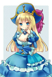 Rule 34 | &gt;:), 1girl, awilda (p&amp;d), bell line gown, blonde hair, blue dress, blue eyes, blush, breasts, cleavage, detached collar, dress, frilled dress, frills, gown, hand on own face, hat, hoshino (nia hoshino), large breasts, long hair, long sleeves, pirate hat, puffy long sleeves, puffy sleeves, puzzle &amp; dragons, smile, solo, v-shaped eyebrows