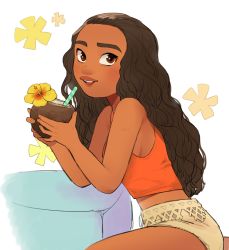 Rule 34 | 1girl, bare arms, bare legs, bare shoulders, black hair, breasts, brown eyes, coconut, contemporary, curly hair, dark-skinned female, dark skin, disney, drinking straw, elbow rest, eyelashes, fingernails, floral background, flower, food, fruit, fruit cup, hair slicked back, hibiscus, holding, holding food, holding fruit, light smile, long hair, looking away, midriff, moana (movie), moana waialiki, orange flower, orange shirt, pano (mohayayamai), parted lips, shirt, shorts, sideboob, simple background, small breasts, solo, table, tank top, teeth, thick thighs, thighs, tongue, upper teeth only, white background, yellow flower