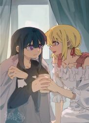 Rule 34 | 2girls, bedroom, black hair, black shirt, blanket, blonde hair, bright pupils, chinese commentary, closed mouth, collarbone, commentary request, cup, curtains, eye contact, frilled shirt, frills, hair ribbon, highres, holding, holding cup, holding hands, indoors, inoue takina, long hair, long sleeves, looking at another, lycoris recoil, medium hair, morning, multiple girls, nishikigi chisato, off-shoulder shirt, off shoulder, open mouth, orange eyes, purple eyes, red ribbon, ribbon, shirt, smile, white pupils, white shirt, window, yanlingjinshilihuahua, yuri