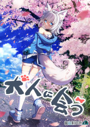 Rule 34 | 1girl, animal ear fluff, animal ears, bare shoulders, black collar, blue eyes, blue footwear, blue jacket, blue shorts, blush, closed mouth, cluseller, collar, commentary request, copyright request, day, fox ears, fox girl, fox tail, from behind, hood, hood down, hooded jacket, jacket, looking at viewer, looking back, off shoulder, outdoors, petals, shaded face, shoe soles, short shorts, shorts, smile, solo, tail, thighhighs, translation request, tree, walking, white hair, white thighhighs, yandere