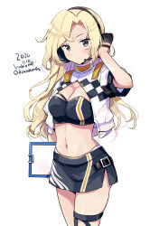 Rule 34 | 1girl, bandeau, black bandeau, black gloves, black skirt, blonde hair, blush, cosplay, cowboy shot, cropped jacket, dated, gloves, gotland (kancolle), gotland (kancolle) (cosplay), grey eyes, headphones, holding, hornet (kancolle), kantai collection, long hair, navel, odawara hakone, one-hour drawing challenge, race queen, short sleeves, simple background, skirt, solo, thigh strap, twitter username, white background, white footwear