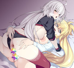 Rule 34 | 2girls, 846-gou, anus, ass, back, bikini, black bikini, black gloves, blue eyes, breasts, censored, commentary request, fate/grand order, fate (series), glasses, gloves, grey hair, highres, jeanne d&#039;arc alter (swimsuit berserker) (fate), jeanne d&#039;arc (fate), jeanne d&#039;arc (swimsuit archer) (fate), jeanne d&#039;arc (swimsuit archer) (second ascension) (fate), jeanne d&#039;arc alter (fate), jeanne d&#039;arc alter (swimsuit berserker) (fate), large breasts, long hair, looking at viewer, lying, multiple girls, nipples, novelty censor, on back, on person, on stomach, open mouth, ponytail, purple legwear, revision, shrug (clothing), smile, spread legs, sweat, swimsuit, symbol-shaped pupils, thighhighs, very long hair, yellow eyes