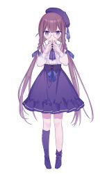 Rule 34 | 1girl, book, boots, bow, brown hair, character request, closed mouth, dress, glasses, hair between eyes, hair bow, hat, highres, long hair, long sleeves, low twintails, mizumizu (phoenix), open book, original, own hands together, purple dress, purple eyes, purple footwear, purple hat, purple socks, simple background, sitting, socks, solo, twintails, very long hair, virtual youtuber, white background