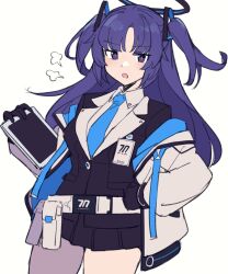 Rule 34 | 1girl, ammunition pouch, belt, blue archive, blue eyes, blue hair, blue necktie, do m kaeru, halo, hand on own hip, holding, holding tablet pc, jacket, long hair, looking at viewer, necktie, open mouth, pleated skirt, pouch, school uniform, short twintails, skirt, solo, tablet pc, twintails, white background, white belt, white jacket, yuuka (blue archive)