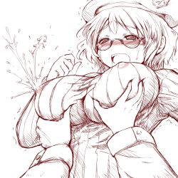 Rule 34 | 1girl, bad id, bad pixiv id, beret, blush, borrowed character, grabbing another&#039;s breast, breasts, character request, covered erect nipples, crying, crying with eyes open, deep skin, dexsini, glasses, grabbing, hat, huge breasts, lactation, lactation through clothes, large breasts, monochrome, nipples, original, pov, ribbed sweater, see-through, semi-rimless eyewear, solo, solo focus, sweater, tears, under-rim eyewear, wince