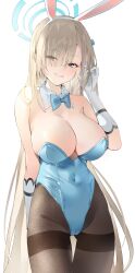 Rule 34 | 1girl, absurdres, animal ears, asuna (blue archive), asuna (bunny) (blue archive), bare shoulders, blonde hair, blue archive, blue eyes, blue leotard, bow, bowtie, breasts, brown pantyhose, cameltoe, cleavage, covered navel, cowboy shot, detached collar, eyes visible through hair, fake animal ears, gloves, gluteal fold, grin, hairband, halo, hand up, highleg, highleg leotard, highres, large breasts, leotard, long hair, looking at viewer, official alternate costume, pantyhose, playboy bunny, rabbit ears, simple background, smile, solo, standing, strapless, strapless leotard, thigh gap, thighband pantyhose, very long hair, white background, white gloves, white hairband, xxx (b22n 97)