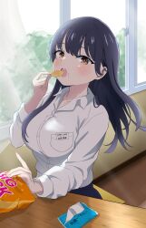Rule 34 | 1girl, absurdres, black hair, black skirt, blush, boku no kokoro no yabai yatsu, breasts, brown eyes, chips (food), collarbone, collared shirt, commentary request, curtains, eating, food, hair between eyes, highres, holding, holding food, indoors, kemu1209, large breasts, long hair, long sleeves, looking at viewer, name tag, open mouth, pocket tissue, potato chips, shirt, sitting, skirt, solo, table, teeth, upper teeth only, white shirt, window, yamada anna