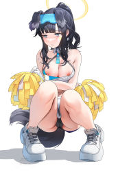 Rule 34 | 1girl, animal ears, black hair, black panties, blue archive, blue eyes, cameltoe, cheerleader, crop top, crossed arms, dog ears, dog girl, dog tail, eyewear on head, facial mark, goggles, goggles on head, halo, hibiki (blue archive), hibiki (cheer squad) (blue archive), holding, holding pom poms, millennium cheerleader outfit (blue archive), miniskirt, nipples, official alternate costume, panties, pleated skirt, pom pom (cheerleading), pom poms, shoes, skirt, sneakers, solo, squatting, star (symbol), star facial mark, star sticker, sticker on arm, sticker on face, tail, udaruyo, underwear, white footwear, white skirt