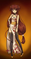 Rule 34 | 1girl, breasts, brown hair, character request, china dress, chinese clothes, cleavage, cleavage cutout, clothing cutout, demon tail, drawfag, dress, elbow gloves, glasses, gloves, grin, high heels, highres, long hair, shoes, short twintails, side slit, smile, solo, tail, teeth, thighhighs, twintails, two side up, very long hair, yellow eyes