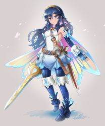 Rule 34 | 1girl, blue eyes, blue gloves, blue hair, burnt green tea, closed mouth, elbow gloves, fairy wings, falchion (fire emblem), fingerless gloves, fire emblem, fire emblem awakening, fire emblem heroes, full body, gloves, highres, holding, holding sword, holding weapon, long hair, lucina (fire emblem), nintendo, official alternate costume, solo, sword, tiara, weapon, wings