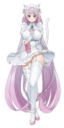 Rule 34 | 1girl, absurdly long hair, absurdres, animal ears, bigfall, blue eyes, blush, braid, breasts, cat ears, cat girl, cat tail, dress, full body, garter straps, gloves, heterochromia, highres, large breasts, last origin, light purple hair, long hair, maid headdress, open mouth, perrault (last origin), pleated dress, simple background, solo, tail, thighhighs, twin braids, very long hair, white background, white dress, white gloves, white thighhighs, wide sleeves, yellow eyes