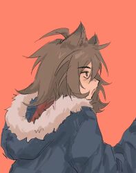 Rule 34 | 1boy, animal ears, blue jacket, brown hair, coco4332, fur-trimmed hood, fur trim, green eyes, highres, hood, hood down, hooded jacket, isoi reiji, jacket, kemonomimi mode, long sleeves, male focus, medium hair, open clothes, open jacket, open mouth, red background, red shirt, saibou shinkyoku, sanpaku, shirt, simple background, solo, upper body, wolf boy, wolf ears