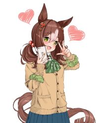 Rule 34 | 1girl, animal ears, blush, bow, bowtie, breasts, brown hair, cardigan, cellphone, clover hair ornament, fine motion (umamusume), green bow, green bowtie, green eyes, hair bobbles, hair ornament, hands up, heart, highres, holding, holding phone, horse ears, horse girl, horse tail, long sleeves, looking at viewer, low twintails, medium hair, open mouth, phone, pleated skirt, sagoromo 04, scrunchie, shirt, skirt, small breasts, smartphone, smile, solo, tail, twintails, umamusume, upper body, w, white background, white shirt, wrist scrunchie