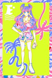 Rule 34 | 1990s (style), 1girl, ankle boots, arm at side, belt, blue eyes, blush stickers, boots, border, can, closed mouth, collared shirt, colorful, commentary, dot mouth, drink, drink can, earrings, english commentary, expressionless, full body, hand on own hip, hawaiian shirt, high belt, highres, holding, holding can, holding drink, inuha dog wave, jewelry, long hair, looking to the side, multicolored hair, original, pink hair, pink shirt, print shirt, purple hair, retro artstyle, shirt, short sleeves, shorts, sketch, solo, standing, two-tone hair, white belt, white footwear, wristband, yellow shorts
