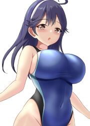 Rule 34 | 1girl, ahoge, black hair, black one-piece swimsuit, blue one-piece swimsuit, blush, breasts, brown eyes, competition swimsuit, covered navel, cowboy shot, dated, hair between eyes, highleg, highleg swimsuit, highres, impossible clothes, impossible swimsuit, kantai collection, large breasts, long hair, looking at viewer, montemasa, multicolored clothes, multicolored swimsuit, one-piece swimsuit, open mouth, simple background, solo, swimsuit, twitter username, two-tone swimsuit, ushio (kancolle), white background