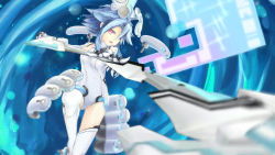 Rule 34 | 10s, 1girl, aiming, aiming at viewer, axe, blanc (neptunia), blue hair, blurry, bodysuit, breasts, covered navel, depth of field, fighting stance, flipped hair, floating, floating object, foreshortening, gloves, hair between eyes, highres, holding, holding weapon, leg lift, leotard, looking at viewer, neptune (series), open mouth, red eyes, shionji ax, short hair with long locks, sidelocks, small breasts, solo, thighhighs, turtleneck, weapon, white heart (neptunia), white thighhighs, wings