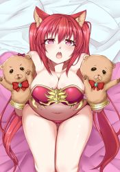 Rule 34 | 1girl, akaki tsubasa, animal ears, bare shoulders, breasts, cerberus (shingeki no bahamut), dog ears, granblue fantasy, hand puppet, highres, large breasts, long hair, looking at viewer, navel, pink eyes, puppet, red hair, solo, twintails, very long hair