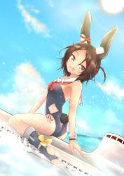 Rule 34 | 1girl, animal ears, armpits, ass, azur lane, blue socks, brown eyes, brown hair, centi mnkt, cloud, day, detached collar, from behind, i-26 (azur lane), kneehighs, looking back, ocean, one-piece swimsuit, open mouth, rabbit ears, rabbit tail, sailor collar, school swimsuit, short hair, sitting, sky, socks, solo, stirrup legwear, straddling, strapless, strapless one-piece swimsuit, submarine, swimsuit, tail, toeless legwear, toes, water, watercraft